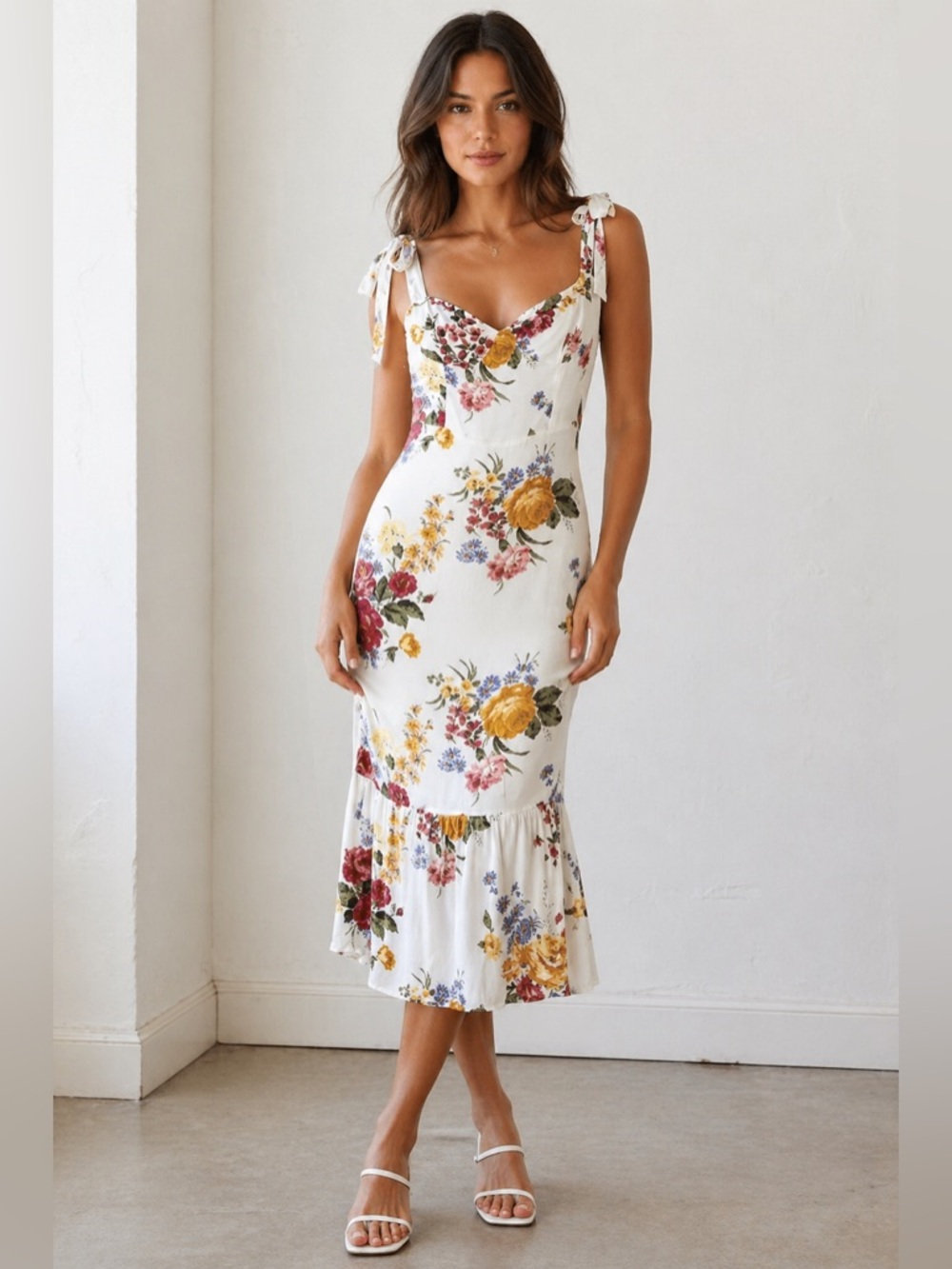 Reformation Floral Midi Dress White Tie Strap Fitted Size 0 Summer Wedding
